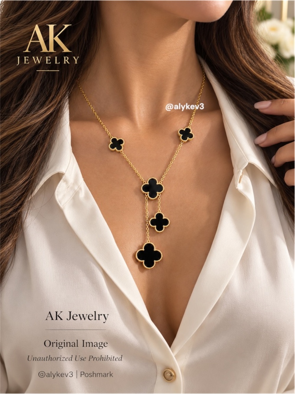 💎18K LUXURY Black Clover Y-Drop Lariat Necklace | by AK Jewelry™
